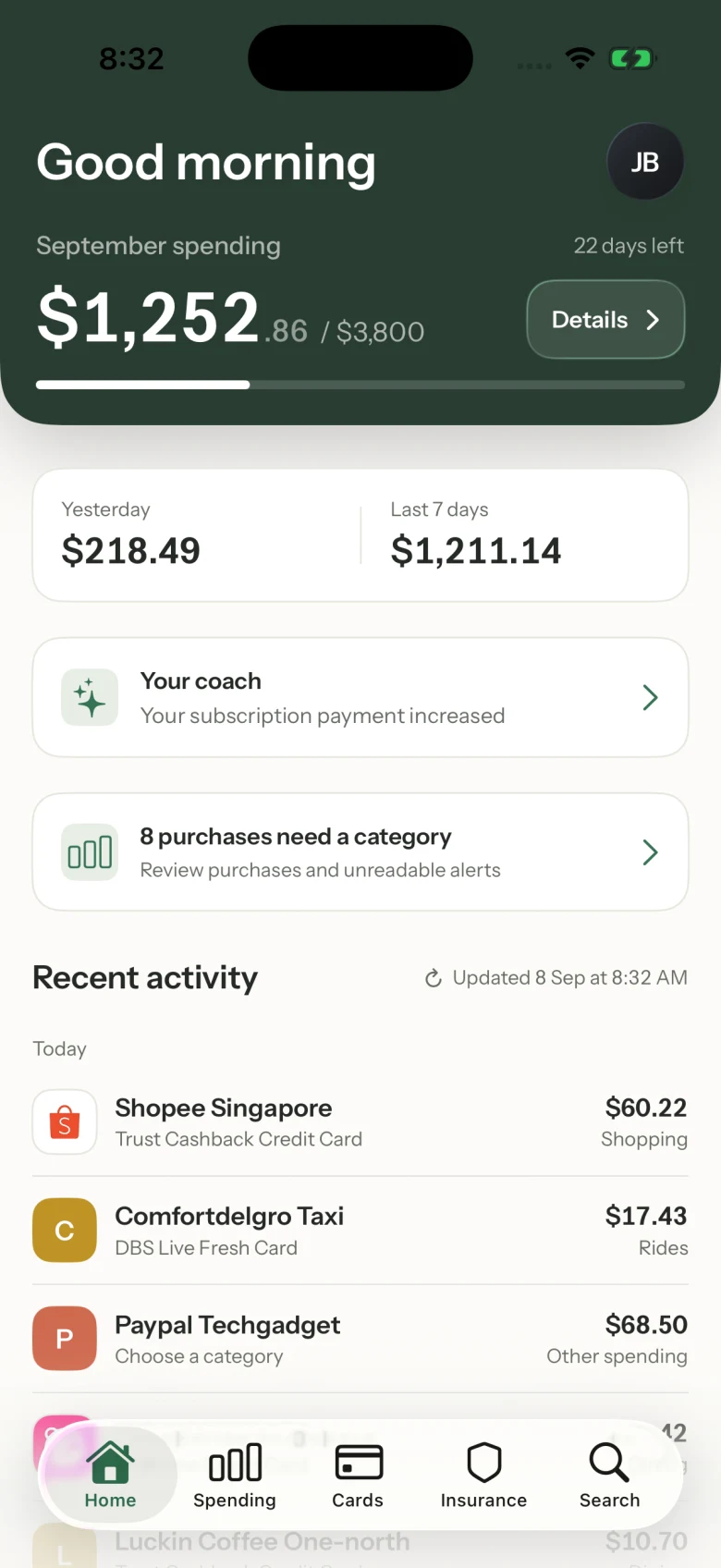 Cashcade Home with a forest-green monthly budget summary, spending totals, Your coach and recent activity
