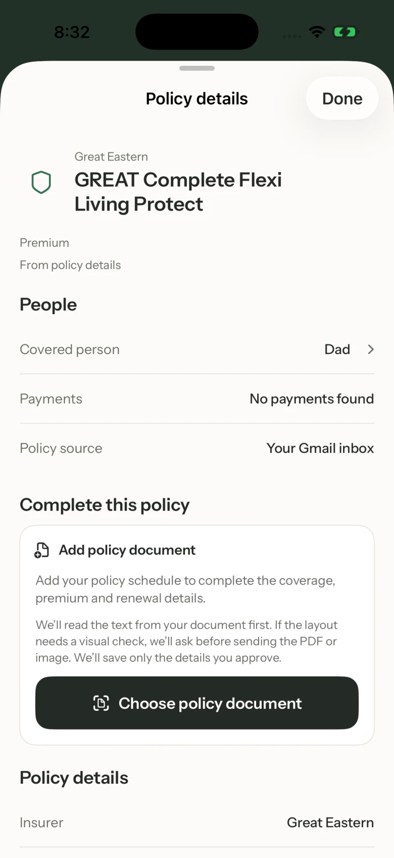 Cashcade policy detail with a plan, premium, covered person and document controls, using sample data