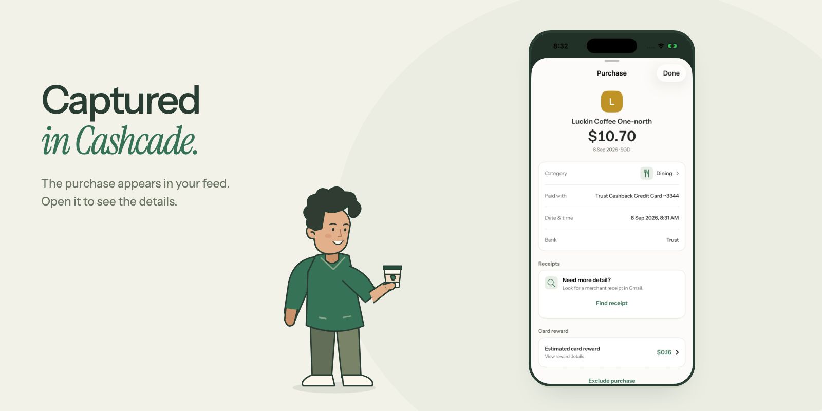 Cashcade showing the café purchase with its amount, category and card